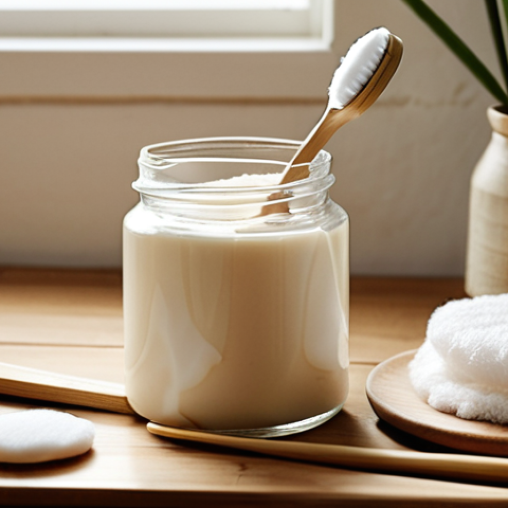**Zero Waste Beauty:** A close-up shot of a glass jar filled with refillable lotion, surrounded by reusable cotton pads, a bamboo toothbrush, and unpackaged soap. Focus on natural light and earthy tones to convey sustainability.