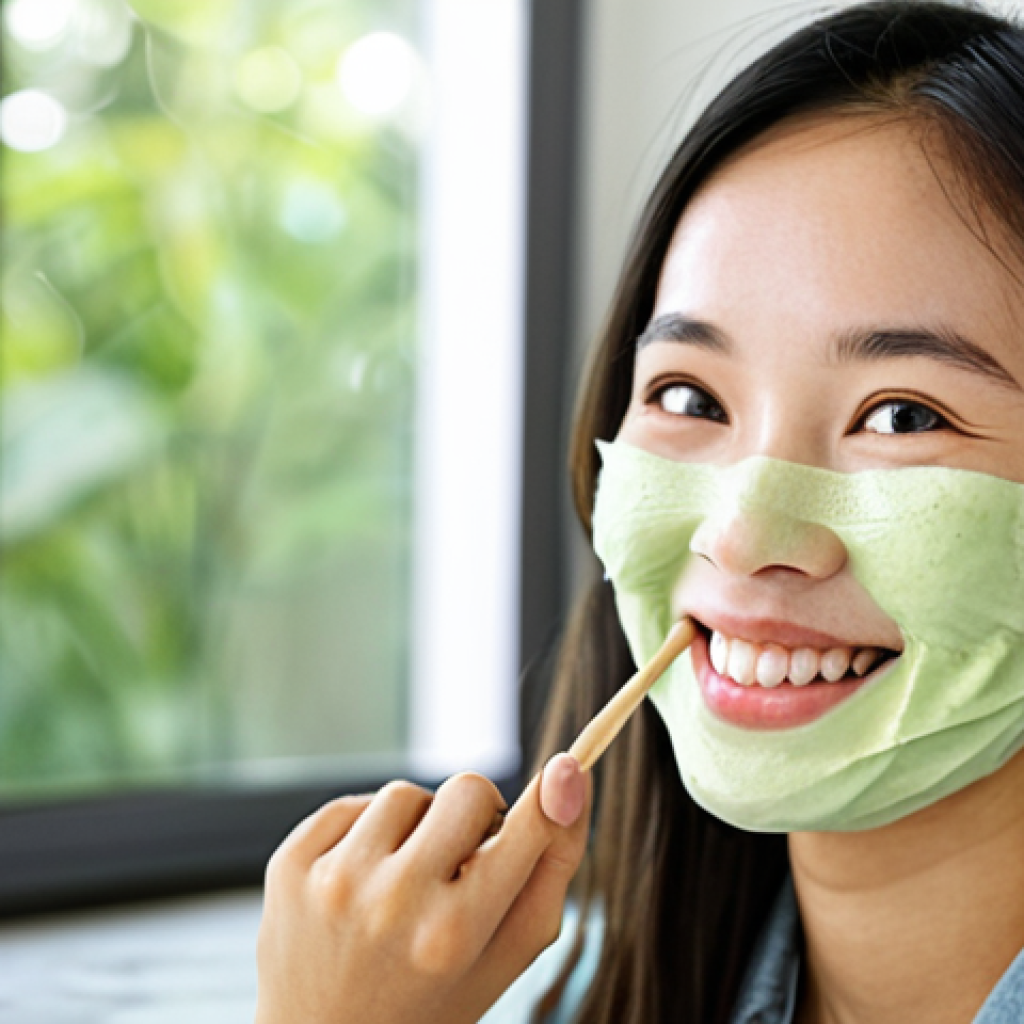 A woman applying a homemade face mask.**

Prompt: "A Vietnamese woman in her 20s smiles as she applies a homemade face mask in a bright, natural light filled kitchen. The mask is a light green color, and ingredients like avocado and honey are visible on the counter. She is wearing a comfortable ao ba ba. Focus on natural skin, clean and sustainable living. safe for work, appropriate content, fully clothed, professional, modest, family-friendly, perfect anatomy, correct proportions, natural pose, well-formed hands, proper finger count, natural body proportions, high quality"

**