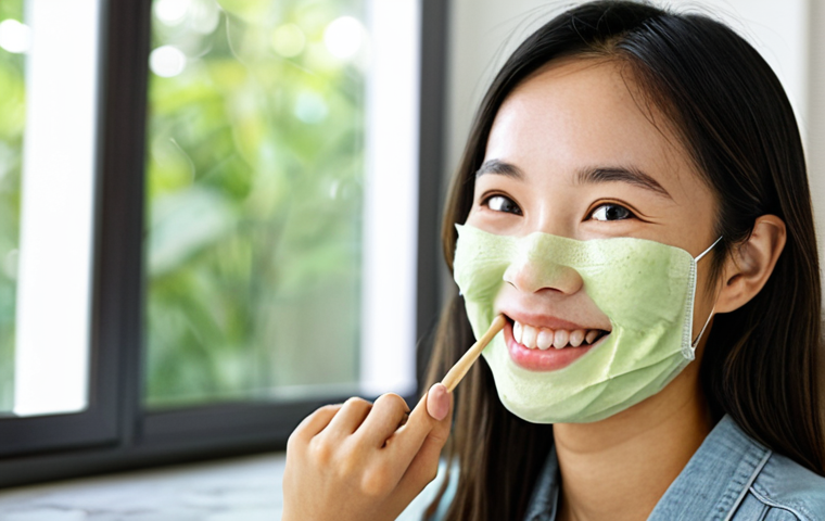 A woman applying a homemade face mask.**
Prompt: "A Vietnamese woman in her 20s smiles as she applies a homemade face mask in a bright, natural light filled kitchen. The mask is a light green color, and ingredients like avocado and honey are visible on the counter. She is wearing a comfortable ao ba ba. Focus on natural skin, clean and sustainable living. safe for work, appropriate content, fully clothed, professional, modest, family-friendly, perfect anatomy, correct proportions, natural pose, well-formed hands, proper finger count, natural body proportions, high quality"
**