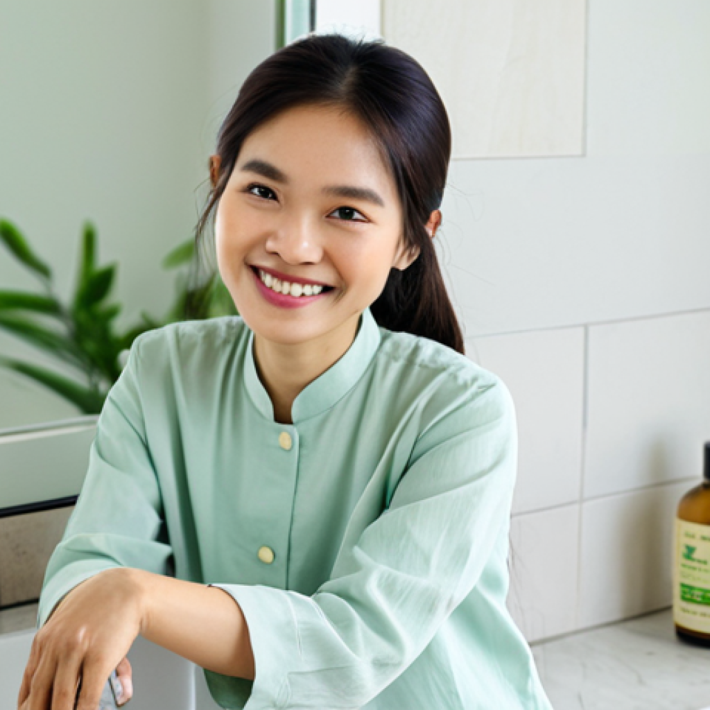 **
A Vietnamese woman in her late 20s, with radiant, healthy skin, smiling gently. She is in a bright, naturally lit bathroom with minimalist décor. On the counter, there are several zero-waste beauty products: a bar of handmade xà bông (soap) in a ceramic dish, a bamboo toothbrush, and a small glass jar of homemade kem dưỡng (cream). She's wearing a simple áo bà ba (traditional Vietnamese blouse and pants) in a light pastel color. The scene should convey a sense of calm, natural beauty, and environmental consciousness. safe for work, appropriate content, fully clothed, modest, family-friendly, perfect anatomy, correct proportions, natural pose, well-formed hands, proper finger count, natural body proportions.
**
