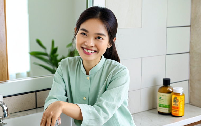 **
A Vietnamese woman in her late 20s, with radiant, healthy skin, smiling gently. She is in a bright, naturally lit bathroom with minimalist décor. On the counter, there are several zero-waste beauty products: a bar of handmade xà bông (soap) in a ceramic dish, a bamboo toothbrush, and a small glass jar of homemade kem dưỡng (cream). She's wearing a simple áo bà ba (traditional Vietnamese blouse and pants) in a light pastel color. The scene should convey a sense of calm, natural beauty, and environmental consciousness. safe for work, appropriate content, fully clothed, modest, family-friendly, perfect anatomy, correct proportions, natural pose, well-formed hands, proper finger count, natural body proportions.
**