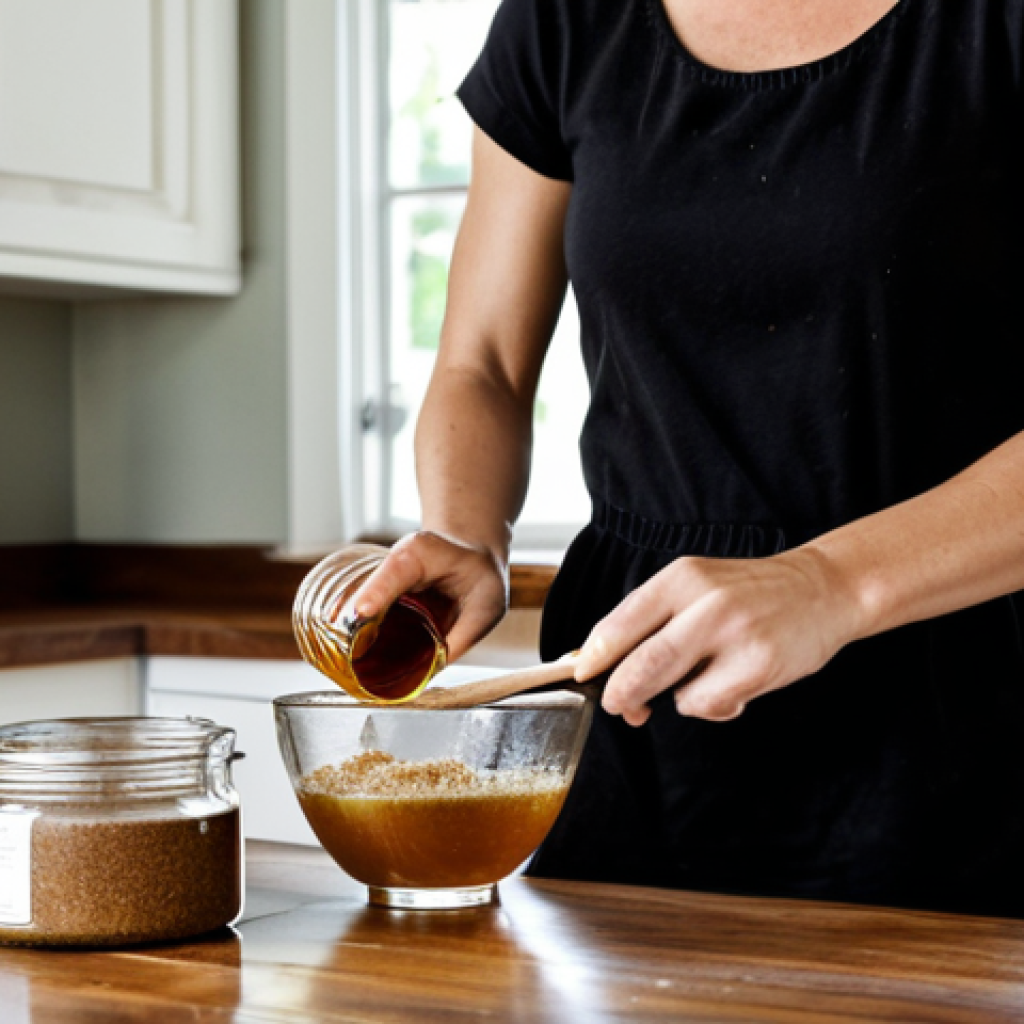 Brown Sugar Scrub Creation**
"A well-lit, inviting kitchen scene featuring a woman mixing brown sugar and coconut oil in a glass bowl. Focus on the natural ingredients and a rustic, sustainable aesthetic. Jars of honey and coffee grounds are visible in the background. She is wearing modest, comfortable clothing. safe for work, appropriate content, fully clothed, professional photography, perfect anatomy, correct proportions, natural pose, high quality"
**