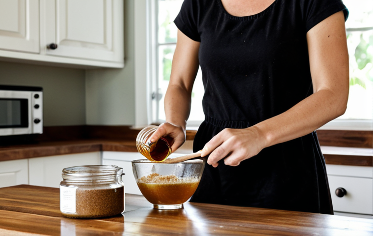 Brown Sugar Scrub Creation**
"A well-lit, inviting kitchen scene featuring a woman mixing brown sugar and coconut oil in a glass bowl. Focus on the natural ingredients and a rustic, sustainable aesthetic. Jars of honey and coffee grounds are visible in the background. She is wearing modest, comfortable clothing. safe for work, appropriate content, fully clothed, professional photography, perfect anatomy, correct proportions, natural pose, high quality"
**