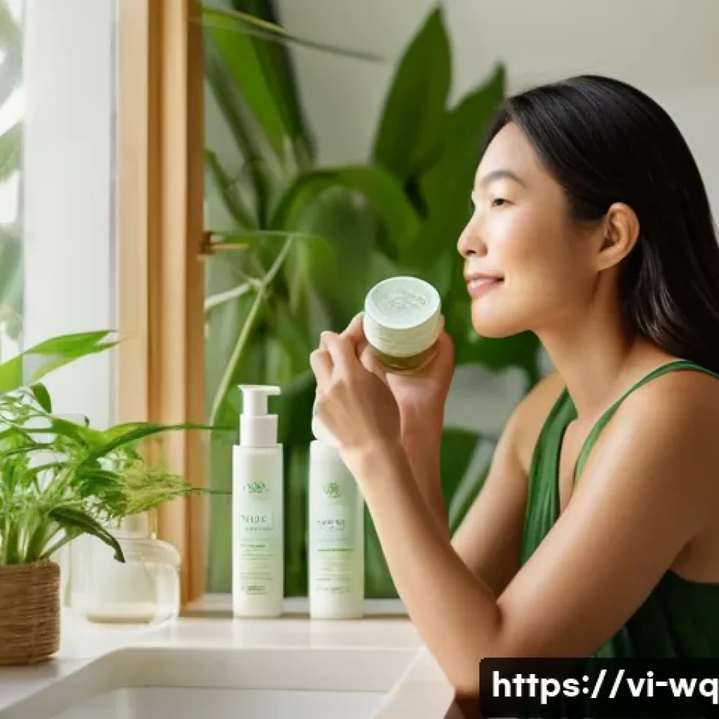 제로웨이스트 화장품의 각종 인증 제도 - A serene Vietnamese woman in her mid-30s with glowing, healthy skin, gently applying a zero waste or...