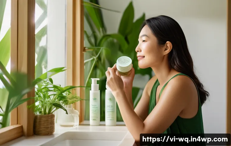 제로웨이스트 화장품의 각종 인증 제도 - A serene Vietnamese woman in her mid-30s with glowing, healthy skin, gently applying a zero waste or...