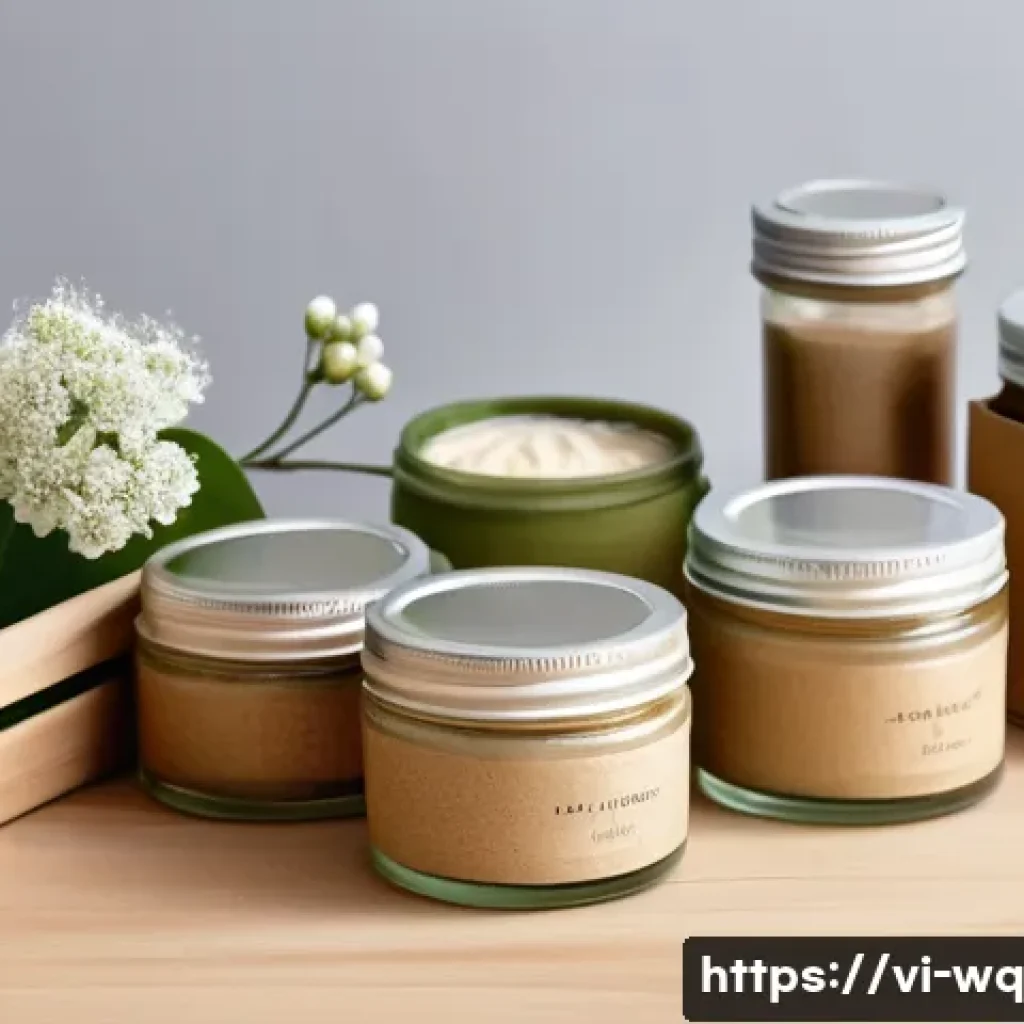 제로웨이스트 화장품 트렌드 - A beautifully arranged zero waste skincare set on a natural wooden surface, featuring reusable glass...
