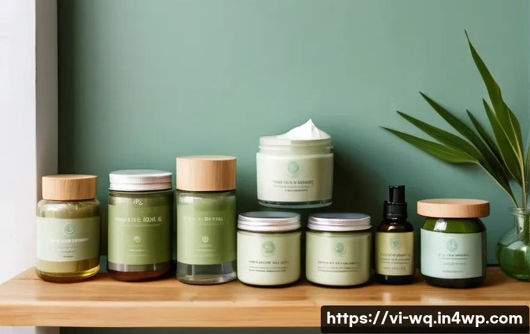 제로웨이스트 화장품의 지속 가능성에 대한 논의 - A modern Vietnamese eco-friendly cosmetic display featuring zero waste packaging: recycled plastic c...