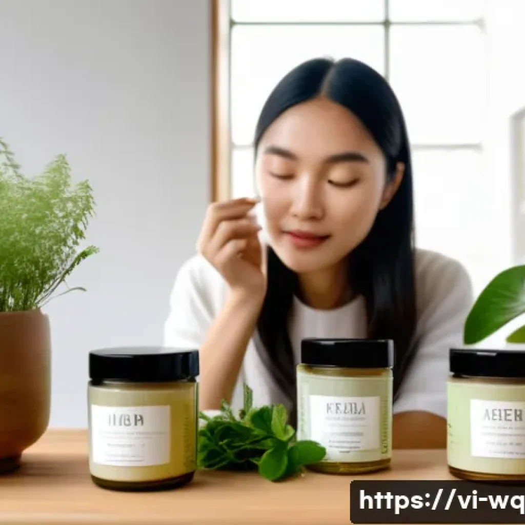 제로웨이스트 화장품의 구매 시 체크리스트 - A serene Vietnamese woman with clear, radiant skin gently applying a zero waste facial cream from a ...
