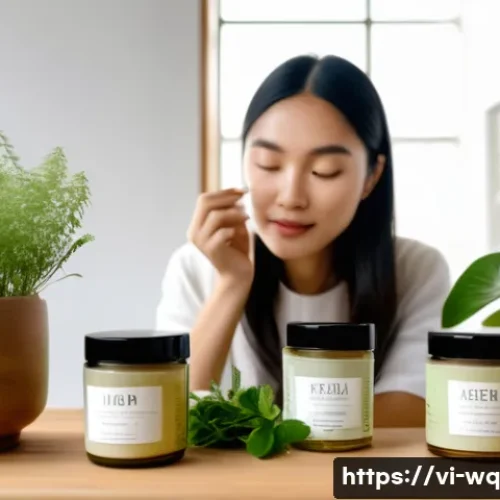 Home 33 제로웨이스트 화장품의 구매 시 체크리스트 - A serene Vietnamese woman with clear, radiant skin gently applying a zero waste facial cream from a ...