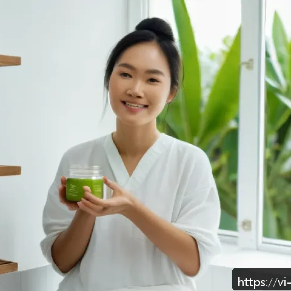 제로웨이스트 화장품과 소비자 권리 - A modern Vietnamese woman in her 30s applying natural zero waste skincare products in a bright, mini...