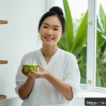 Home 19 제로웨이스트 화장품과 소비자 권리 - A modern Vietnamese woman in her 30s applying natural zero waste skincare products in a bright, mini...