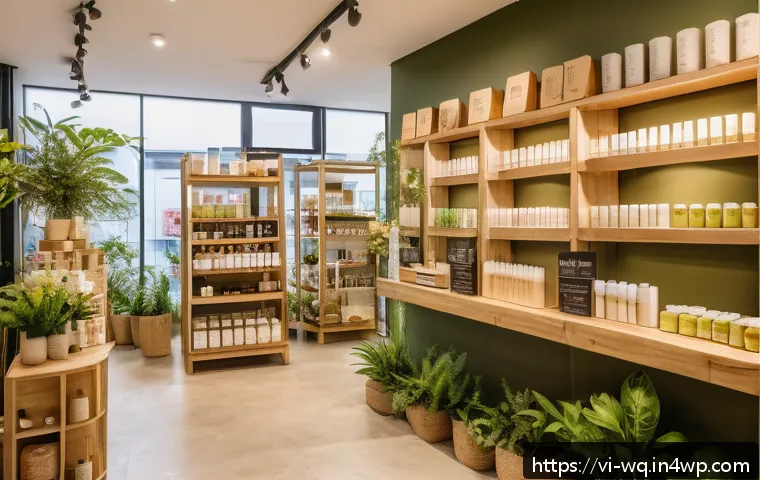 제로웨이스트 화장품의 소비자 인식 변화 - A vibrant Vietnamese eco-friendly cosmetics store interior showcasing a variety of zero waste skinca...